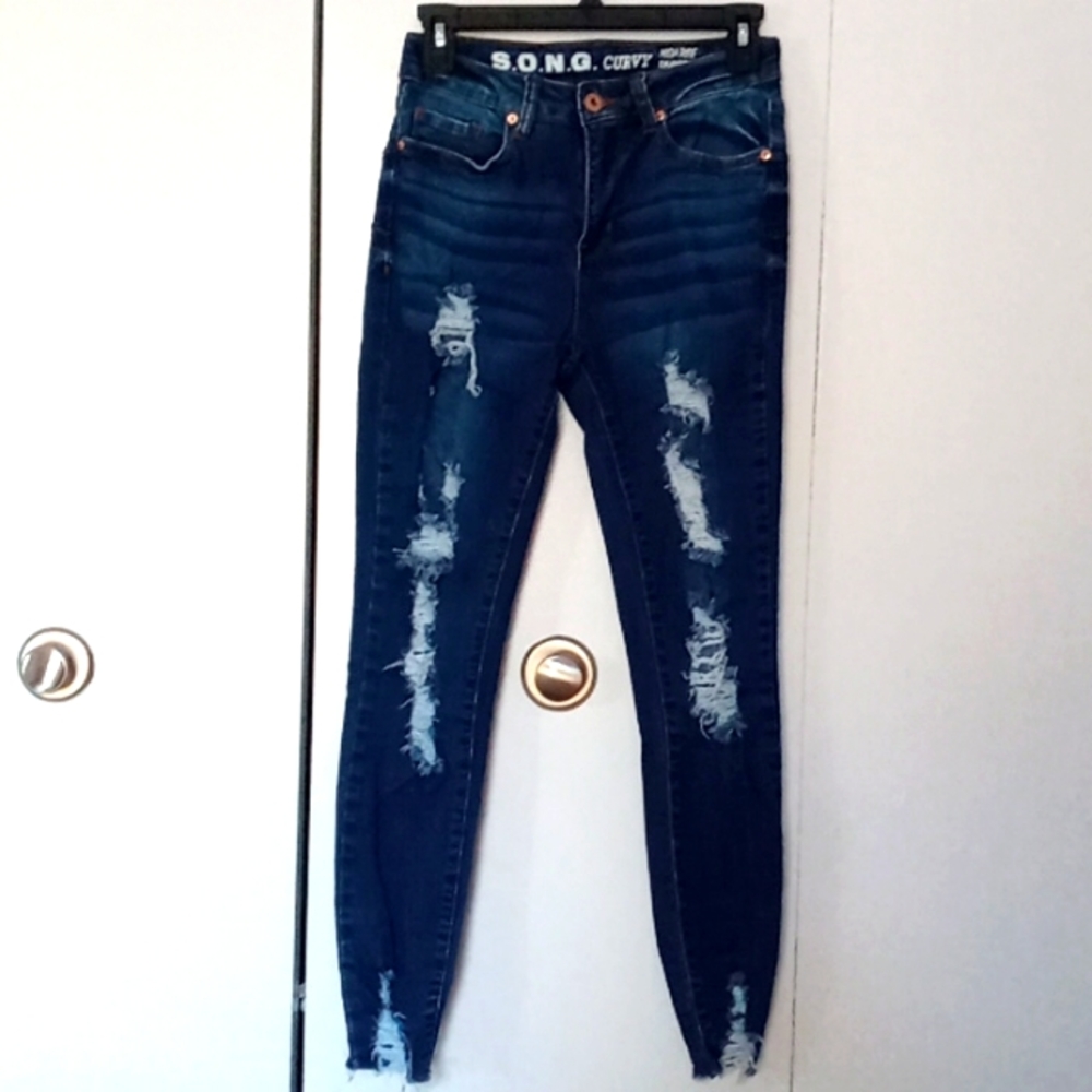 High Rise Skinny Ripped Dark Blue Jeans